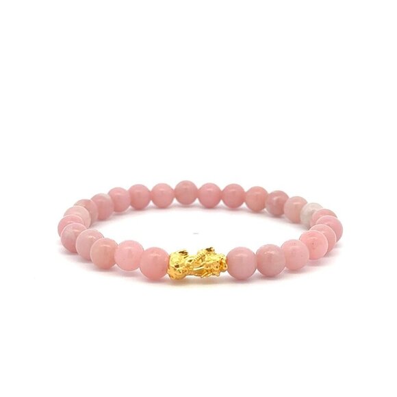 RAFANTHIA Jewelry - 18K Gold Piyao Pixiu Dragon Lucky Charm Bracelet Gemstones Pink Opal 6mm